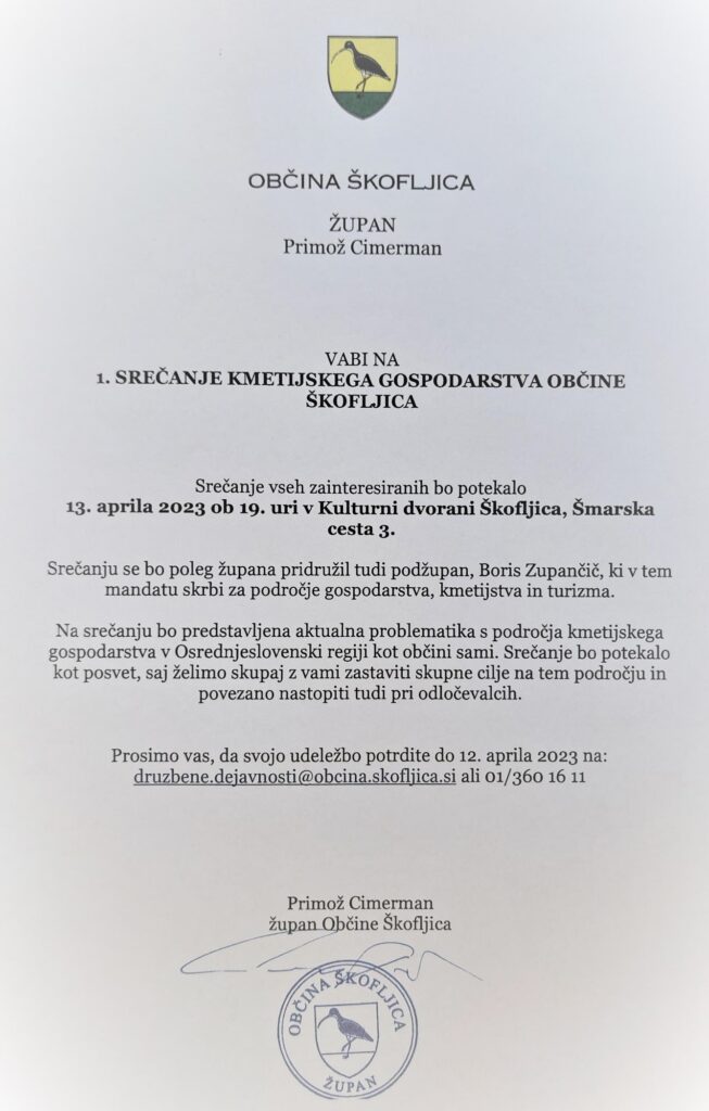 VABILO NA 1. SREČANJE KMETIJSKEGA GOSPODARSTVA OBČINE ŠKOFLJICA 1